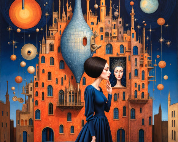 Surreal Scene of Woman in Blue Dress and Fantastical City