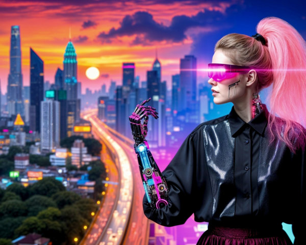 Futuristic cityscape with vibrant sunset and stylish figure
