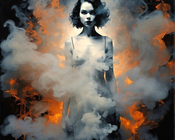 Artwork of a figure in swirling smoke and flames