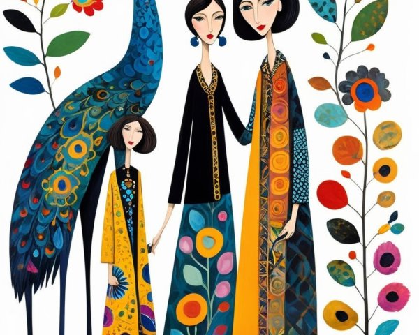 Stylized women in vibrant dresses among flowers and peacock