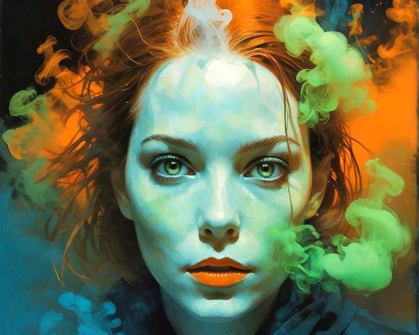 Portrait of a Young Woman with Red Hair and Colorful Smoke