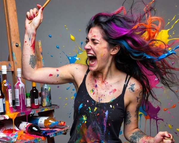 High-angle portrait of a colorful, expressive woman