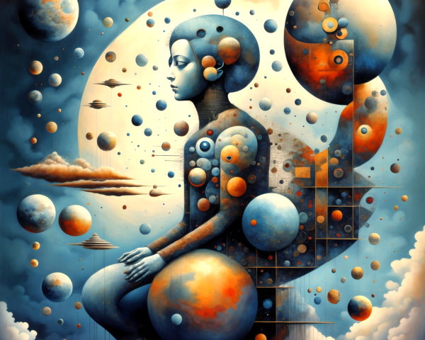 Seated Figure in Cosmic Landscape with Abstract Planets