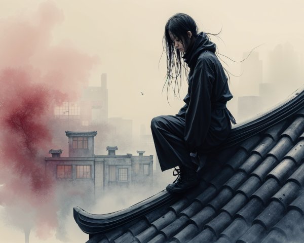 Solitary Figure on Rooftop Overlooking Urban Landscape