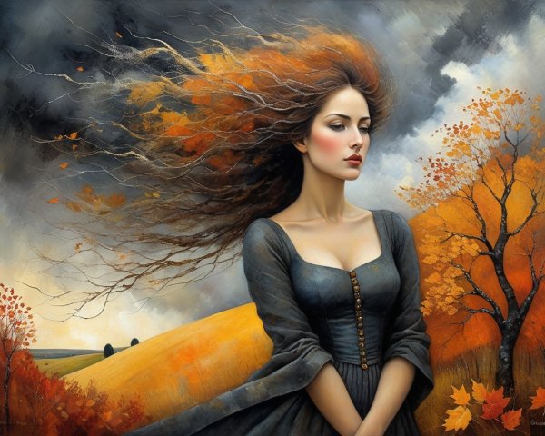 Woman in dark gown amidst vibrant autumn landscape
