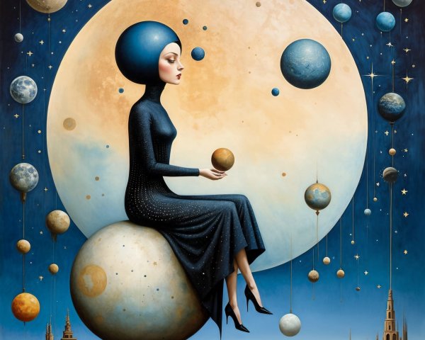 Serene figure on a planet with cosmic backdrop and towers