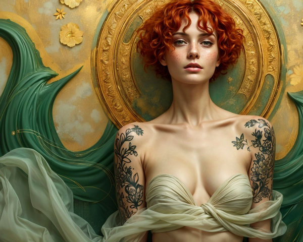 Portrait of a Female Figure with Red Hair and Tattoos