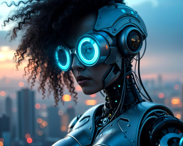 Futuristic Female Robot Against Vibrant Sunset Skyline