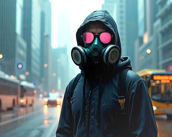 Rainy Urban Scene with Hoodie and Gas Mask