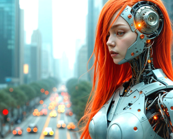 Futuristic Robot with Metallic Body in Cityscape