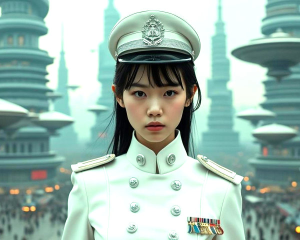 Young Woman in White Military Uniform in Futuristic City