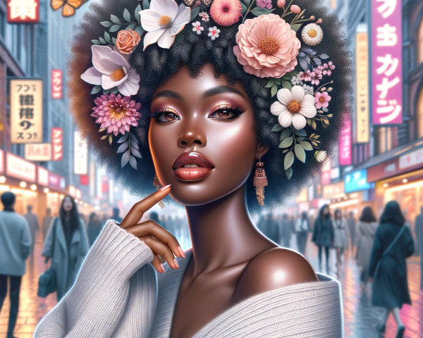 Portrait of a woman with vibrant afro and city backdrop