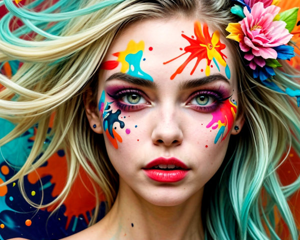 Portrait of a Young Woman with Colorful Face Paint