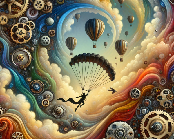 Whimsical Scene of Hot Air Balloons and Parachuting Figure