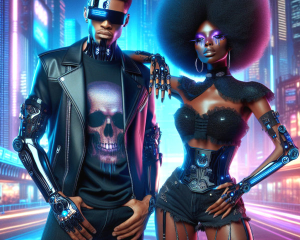 Futuristic Couple in Vibrant Cyberpunk Cityscape