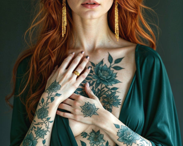 Portrait of a Woman with Red Hair and Floral Tattoos