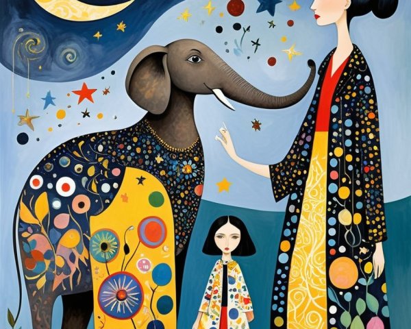 Whimsical Night Scene with Woman and Elephant Interaction