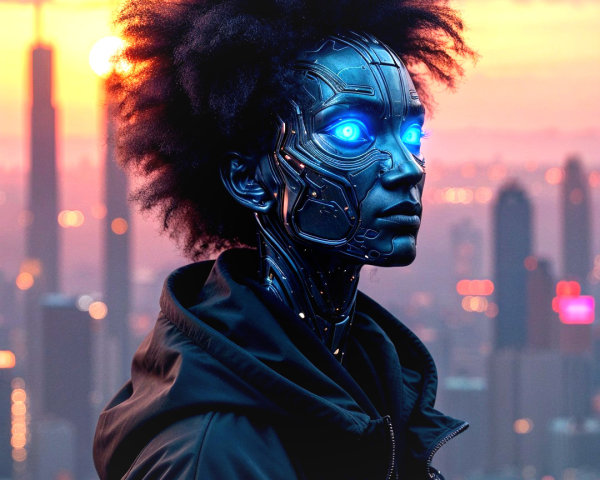 Futuristic Humanoid Robot with Metallic Face and Afro