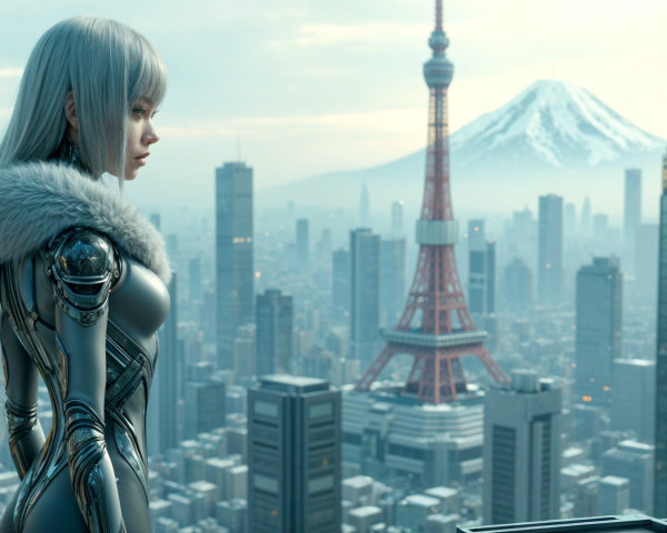 Futuristic humanoid figure overlooking Tokyo cityscape