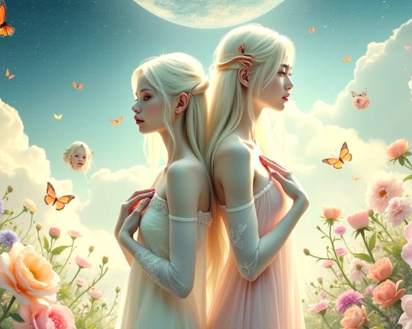 Ethereal Figures in a Dreamy Floral Landscape