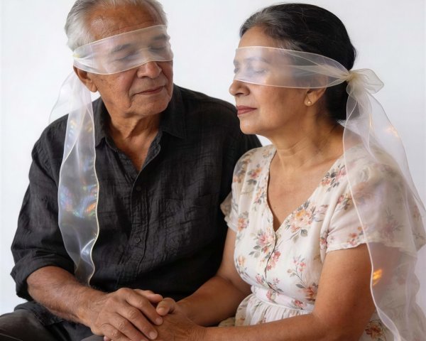 Older Latina couple in blindfolds against white background