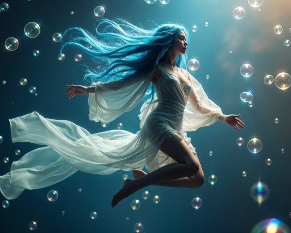 Celestial Figure in Ethereal Gown Among Bubbles