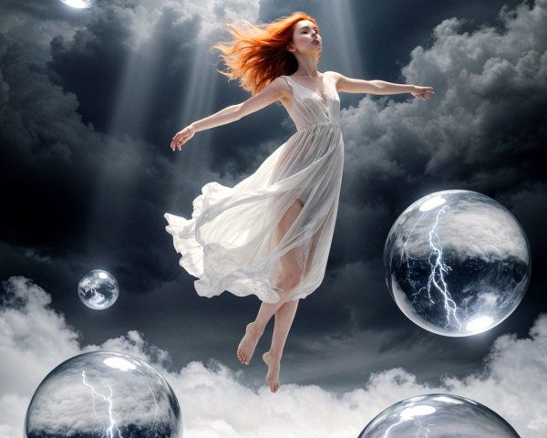 Woman in White Dress Surrounded by Clouds and Spheres