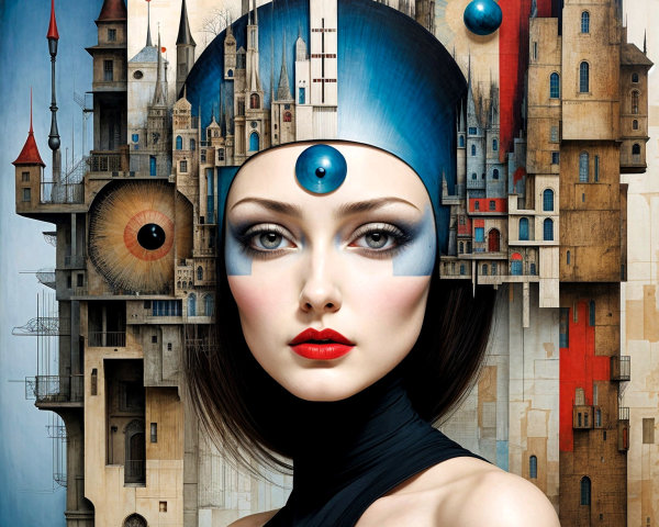 Fantasy Woman with Cityscape Headpiece and Bold Colors