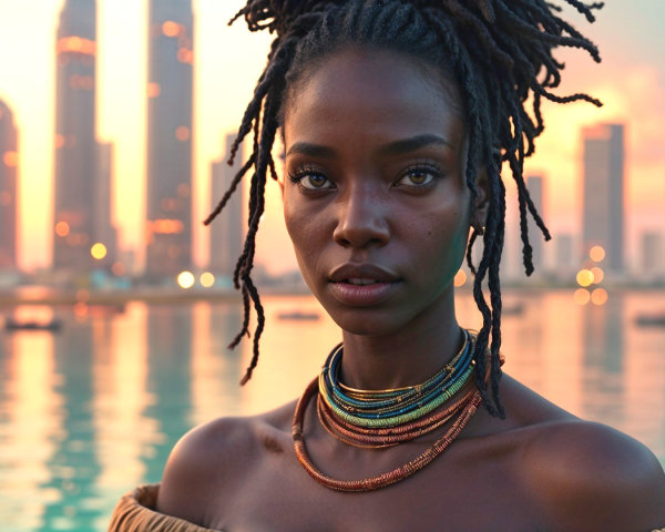 Portrait of a Confident Woman with Dreadlocks and Necklaces