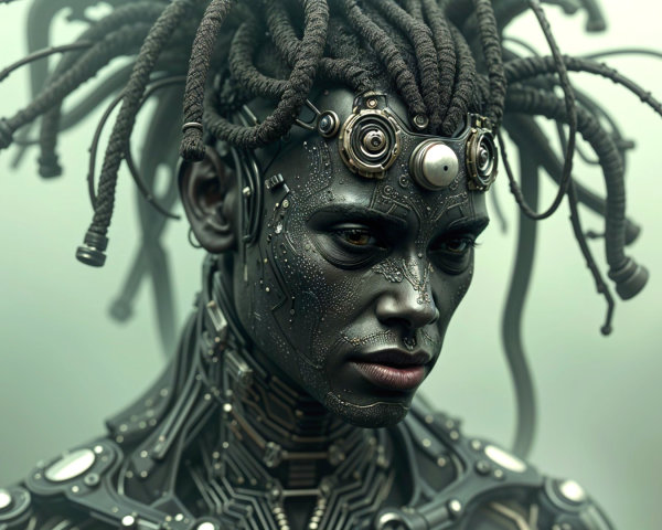 Futuristic humanoid with mechanical skin and circuitry