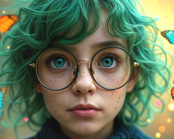 Young girl with green hair and butterflies in background