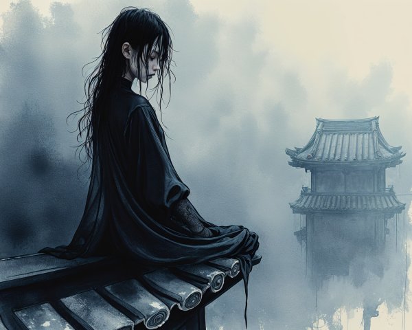 Misty Rooftop Scene with Figure and Pagoda Structure