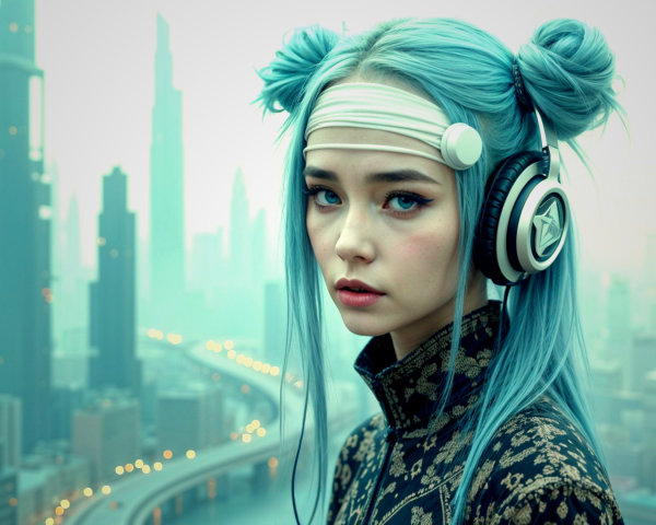 Young woman with blue hair in cyberpunk cityscape