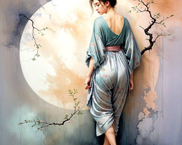 Ethereal Scene of Woman in Floral Kimono and Moon