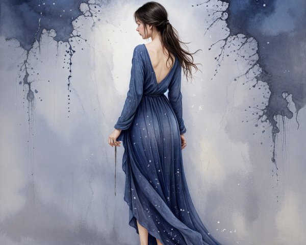 Young woman in a flowing blue dress with sparkles