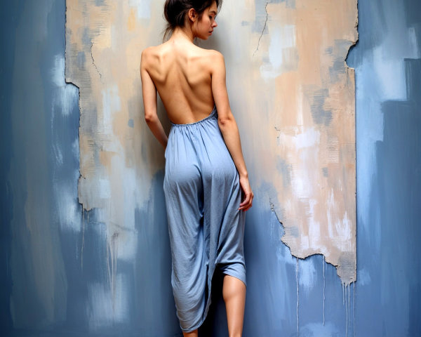 Elegant Woman in Backless Blue Outfit Against Textured Wall