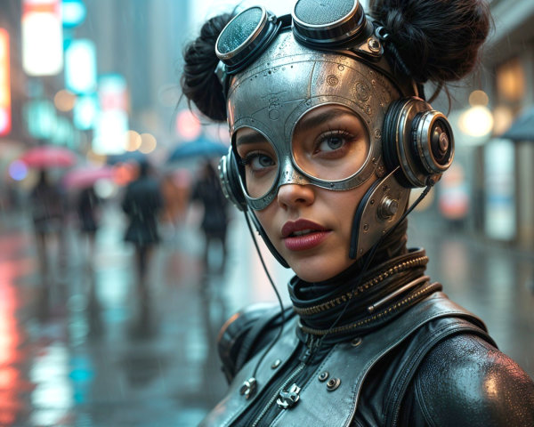 Steampunk Woman in Rainy Cityscape with Reflections