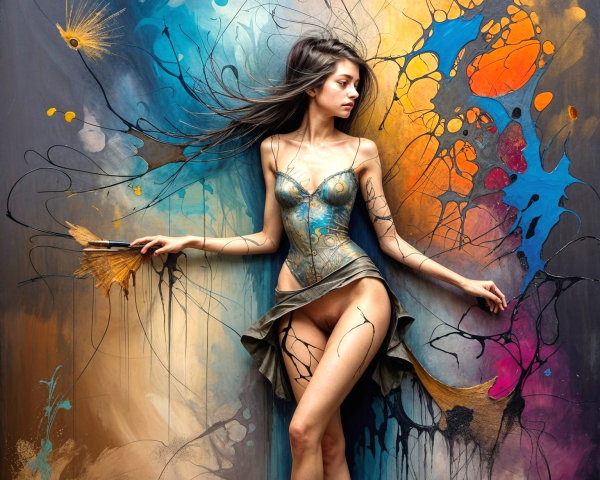 Woman in Bodysuit Against Vibrant Abstract Background