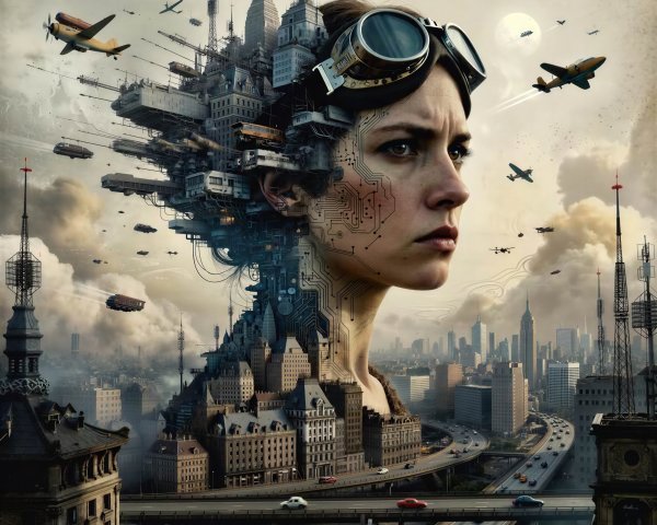 A composite image of a woman and a dystopian cityscape