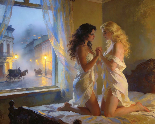 Evening Scene of Two Women in White Nightgowns