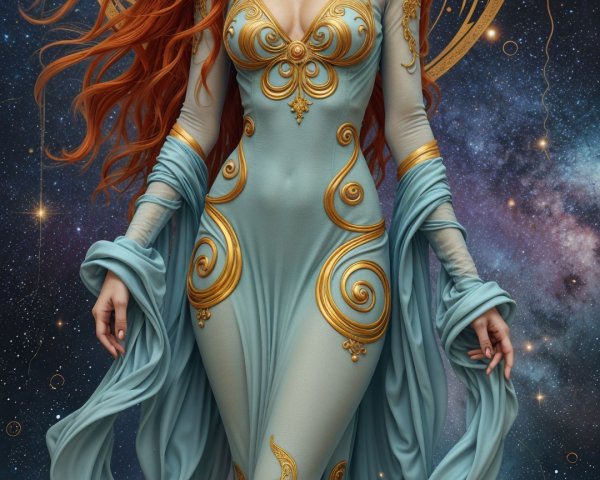 Elegant figure in gown with celestial background