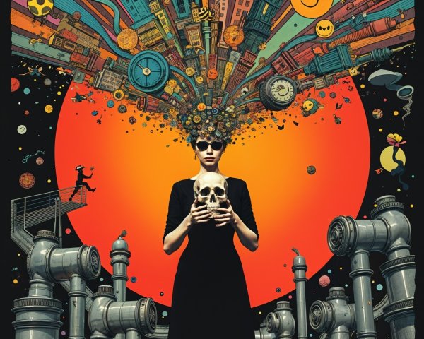 Surreal Figure with Skull Against Vibrant Orange Background