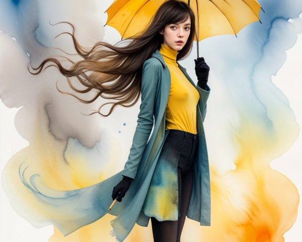 Stylish Woman with Yellow Umbrella in Watercolor Scene