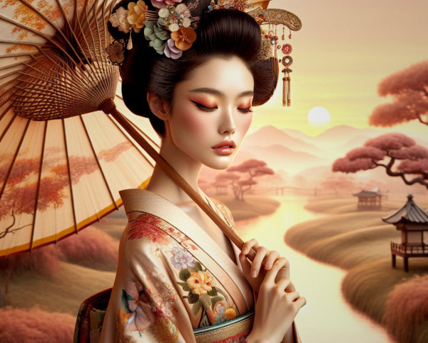 Woman in Traditional Japanese Attire with Parasol