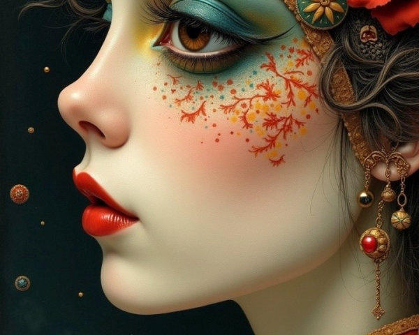 Woman in Traditional Outfit with Bold Makeup and Jewelry