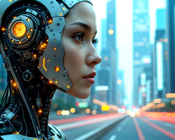 Futuristic Cityscape with Humanoid Robot Close-Up
