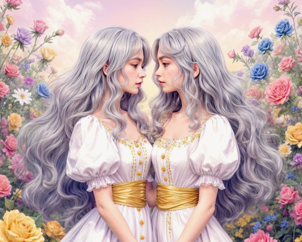 Ethereal Twin Figures in Elegant Gowns in a Garden