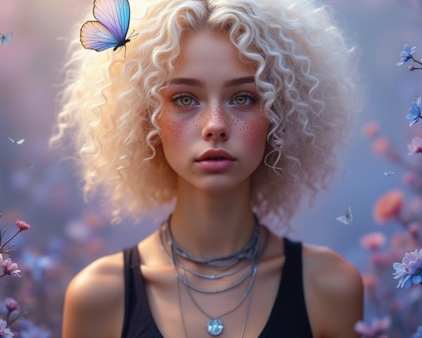 Young woman with curly hair amidst blooming flowers