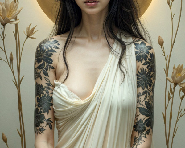 Serene Figure in Cream Drape with Floral Tattoos