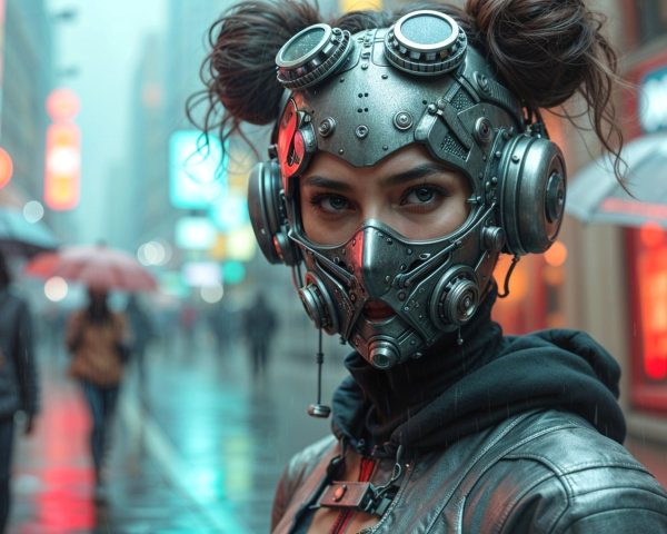 Young woman in cyberpunk attire on rainy street
